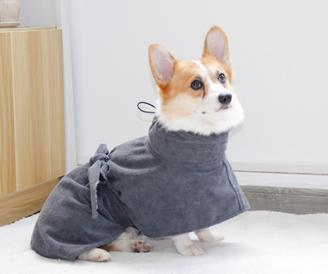 Corgi wearing the Dark Grey wrap dog bathrobe indoors