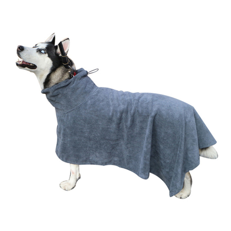 Dark Grey absorbent wrap dog bathrobe towel on a husky