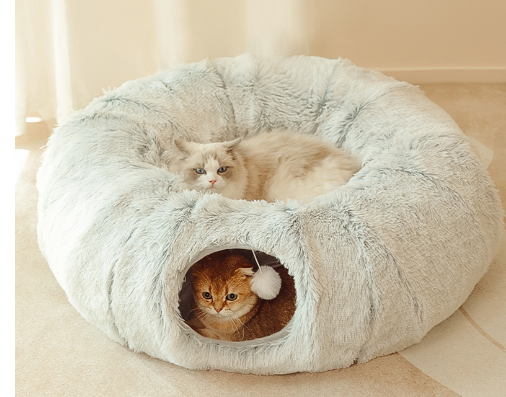 Cat using the Plush Cat Tunnel Bed and Cozy Hideaway tunnel