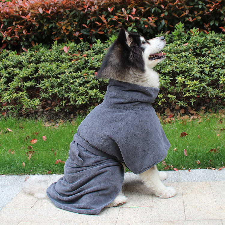 Husky wearing a Dark Grey dog bathrobe towel outdoors