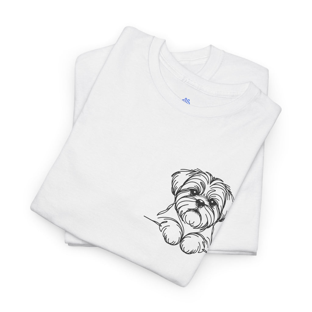 Folded white dog lover graphic tee showing Tailyverze dog artwork