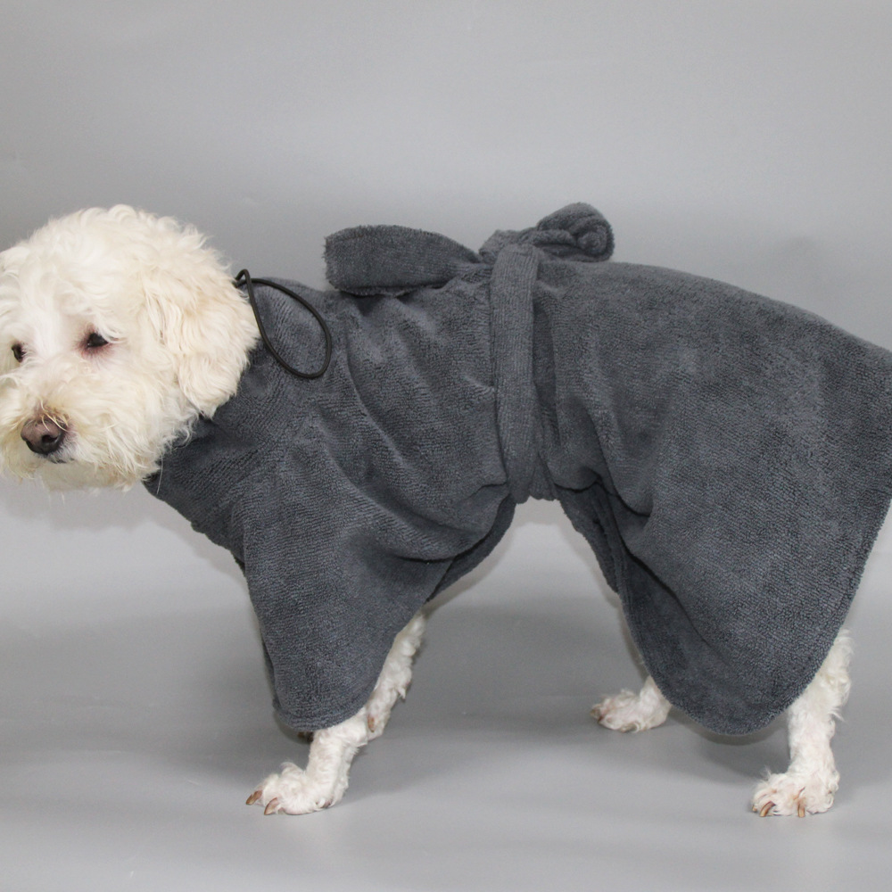 Small dog wearing the Dark Grey absorbent bathrobe towel