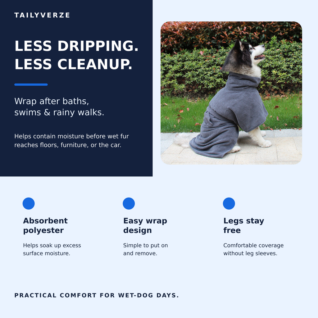 Dog wearing an absorbent bathrobe with three practical benefits: absorbent polyester, easy wrap design, and free-moving legs