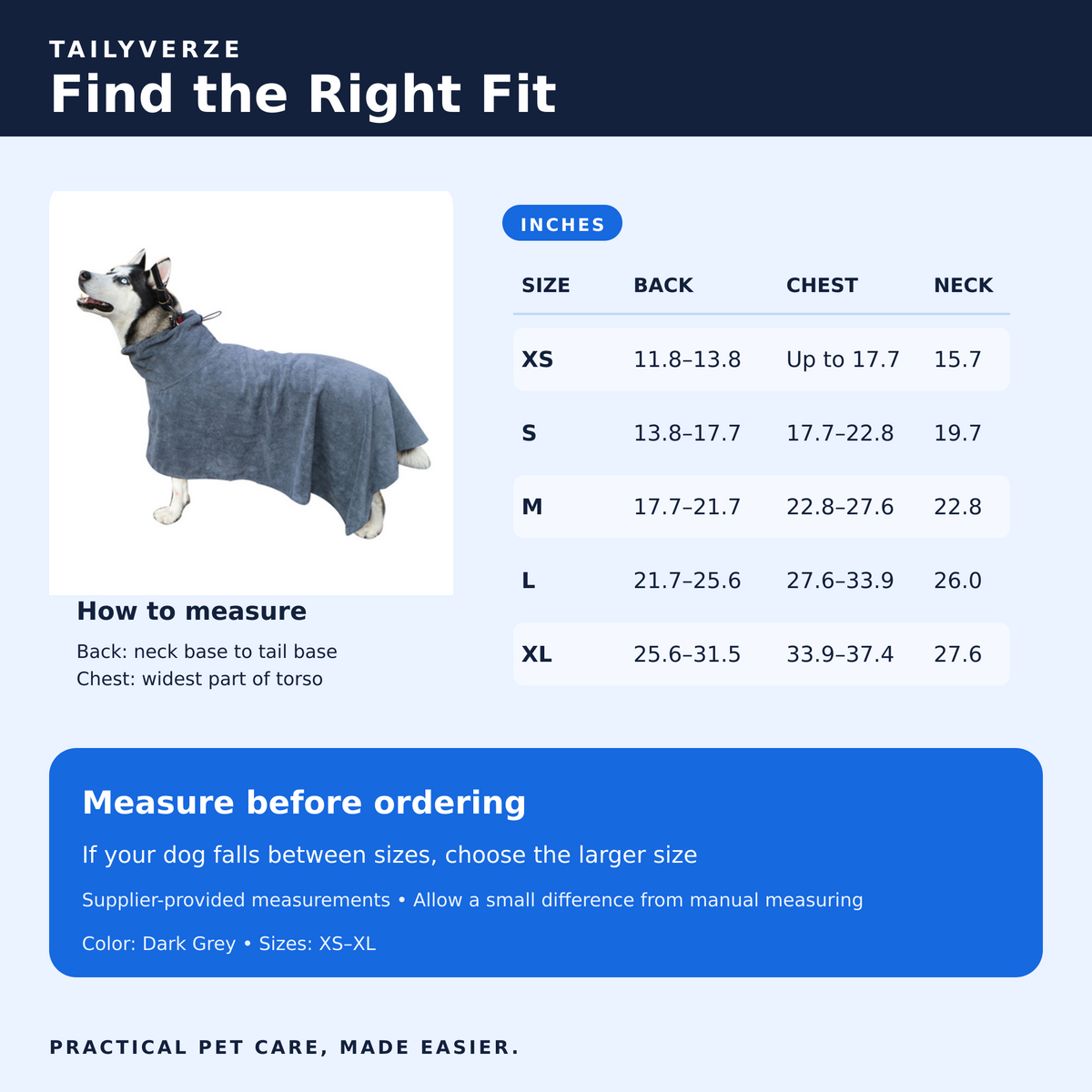 Tailyverze dog bathrobe size guide for XS through XL with back, chest, and neck measurements in inches