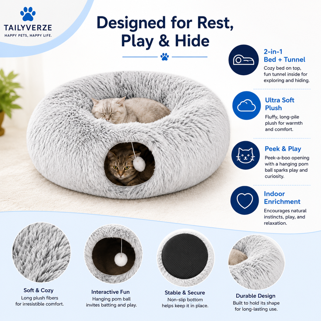 Tailyverze Plush Cat Tunnel Bed benefits graphic showing 2-in-1 bed and tunnel, soft plush, peek-and-play design, and indoor enrichment