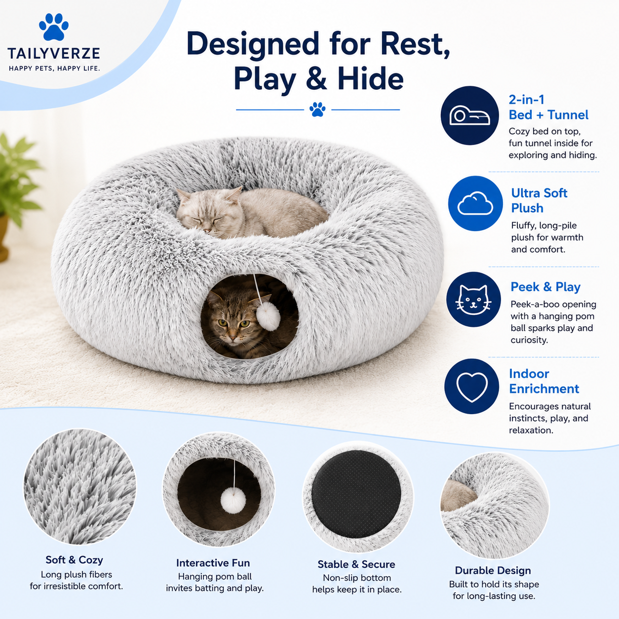 Tailyverze Plush Cat Tunnel Bed benefits graphic showing 2-in-1 bed and tunnel, soft plush, peek-and-play design, and indoor enrichment
