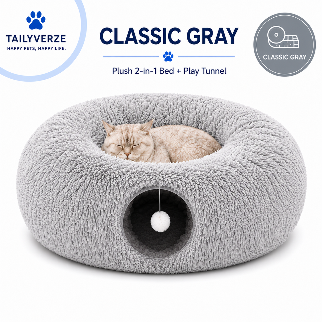 Tailyverze Plush Cat Tunnel Bed Classic Gray variant with one cat and clean studio background