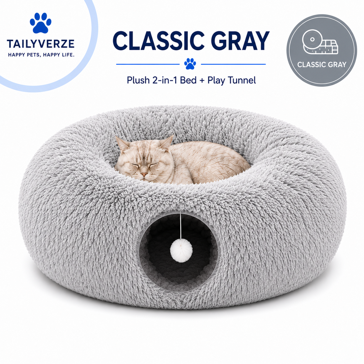 Tailyverze Plush Cat Tunnel Bed Classic Gray variant with one cat and clean studio background