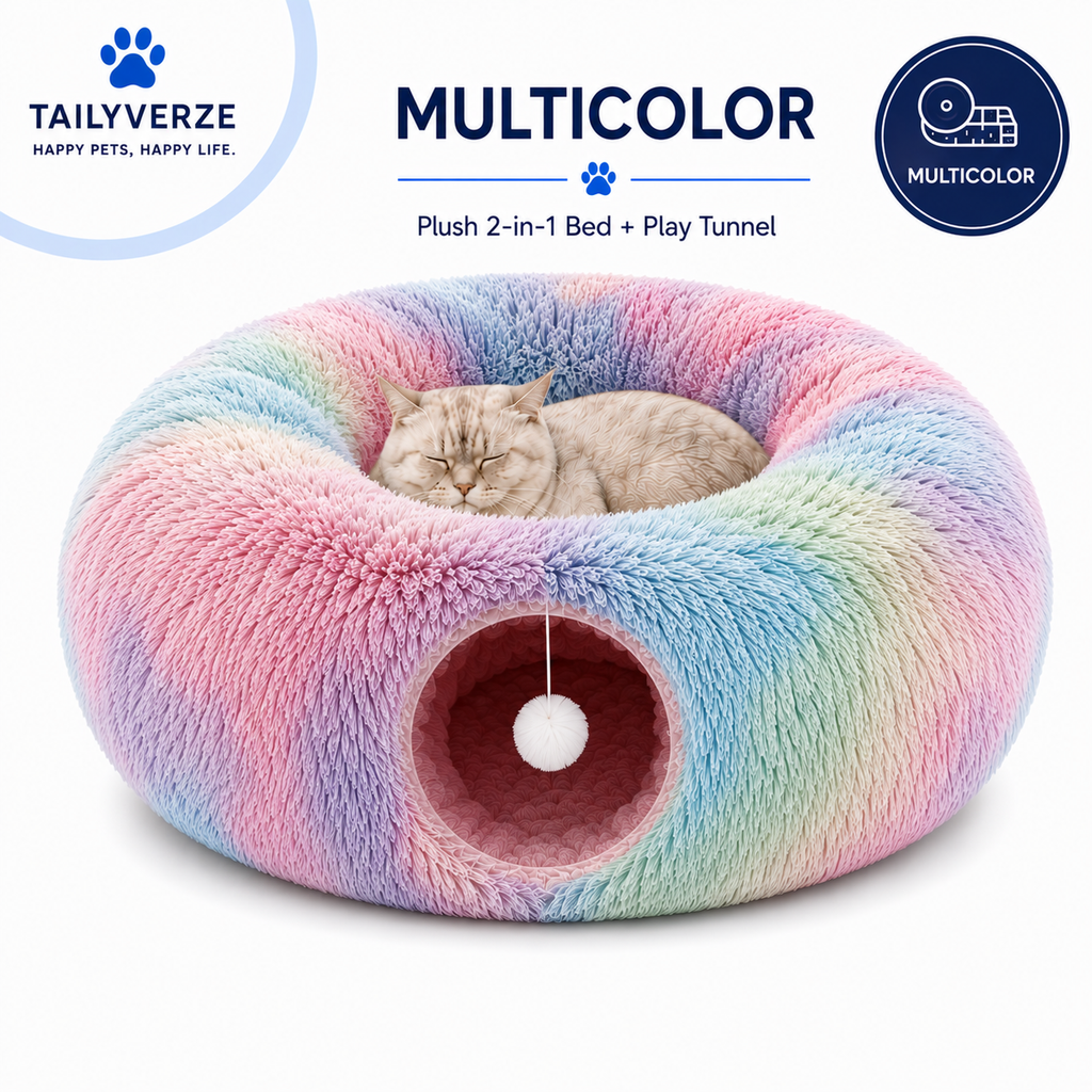 Tailyverze Plush Cat Tunnel Bed Multicolor variant graphic with clean white background