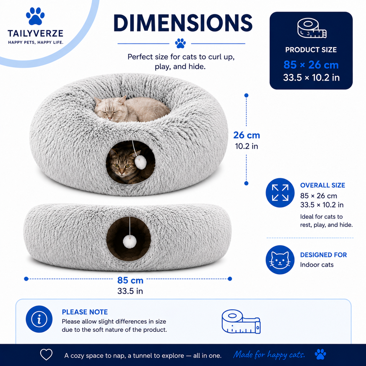 Tailyverze Plush Cat Tunnel Bed size guide showing verified dimensions 85 by 26 centimeters, 33.5 by 10.2 inches