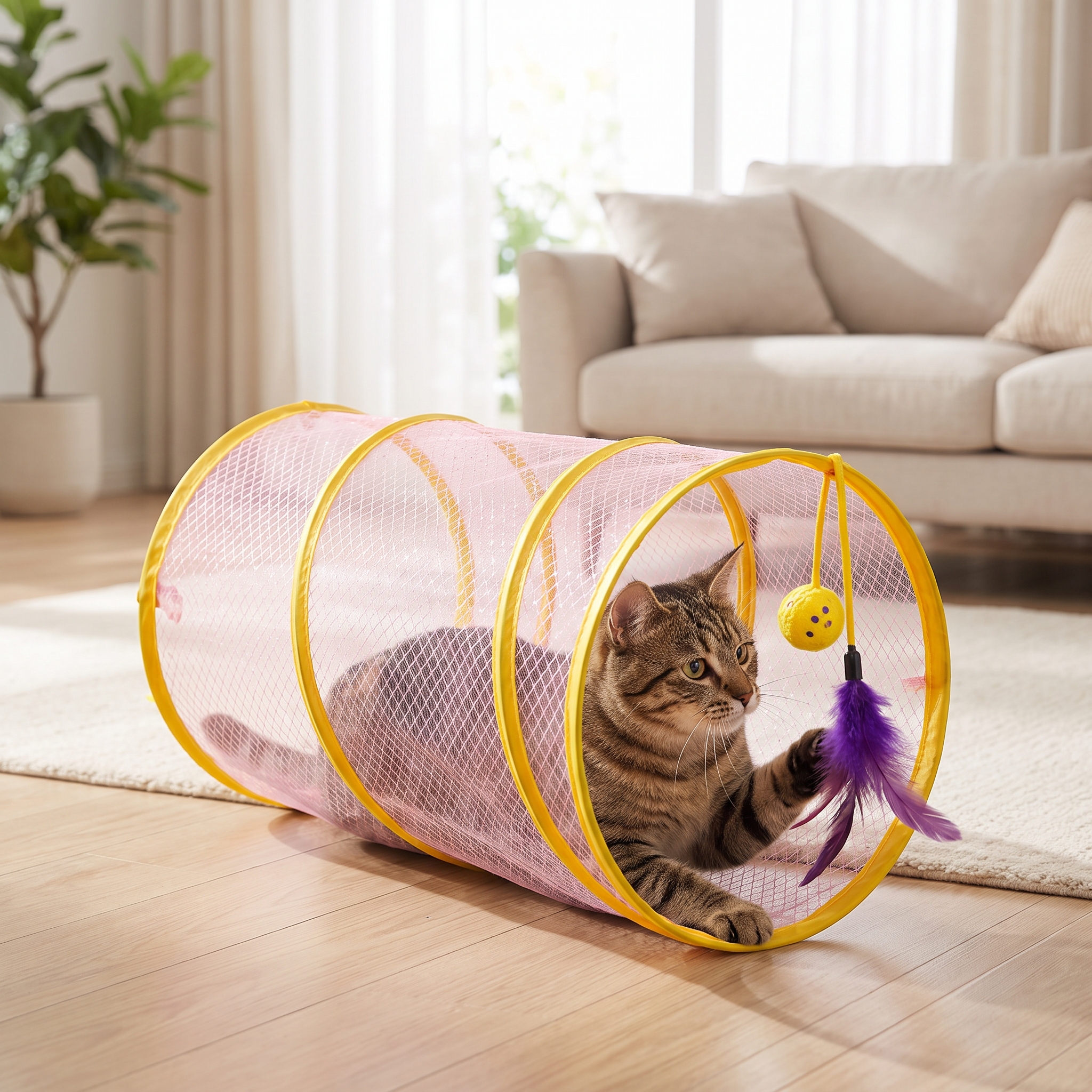 Cat playing with Tailyverze interactive cat tunnel and feather toy