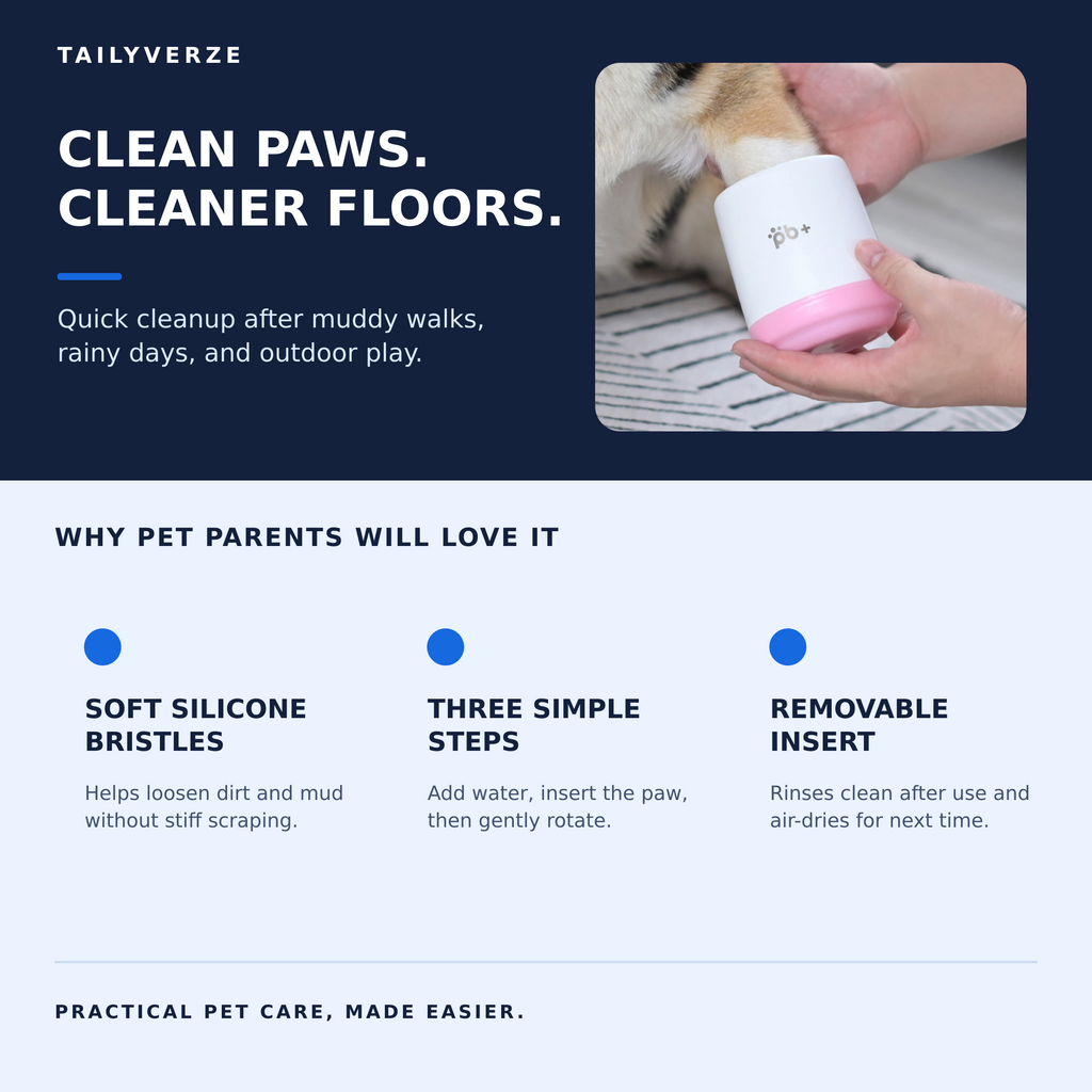 Dog paw being cleaned in the Tailyverze Paw Cleaner Cup with benefits including soft silicone bristles, simple use, and removable insert