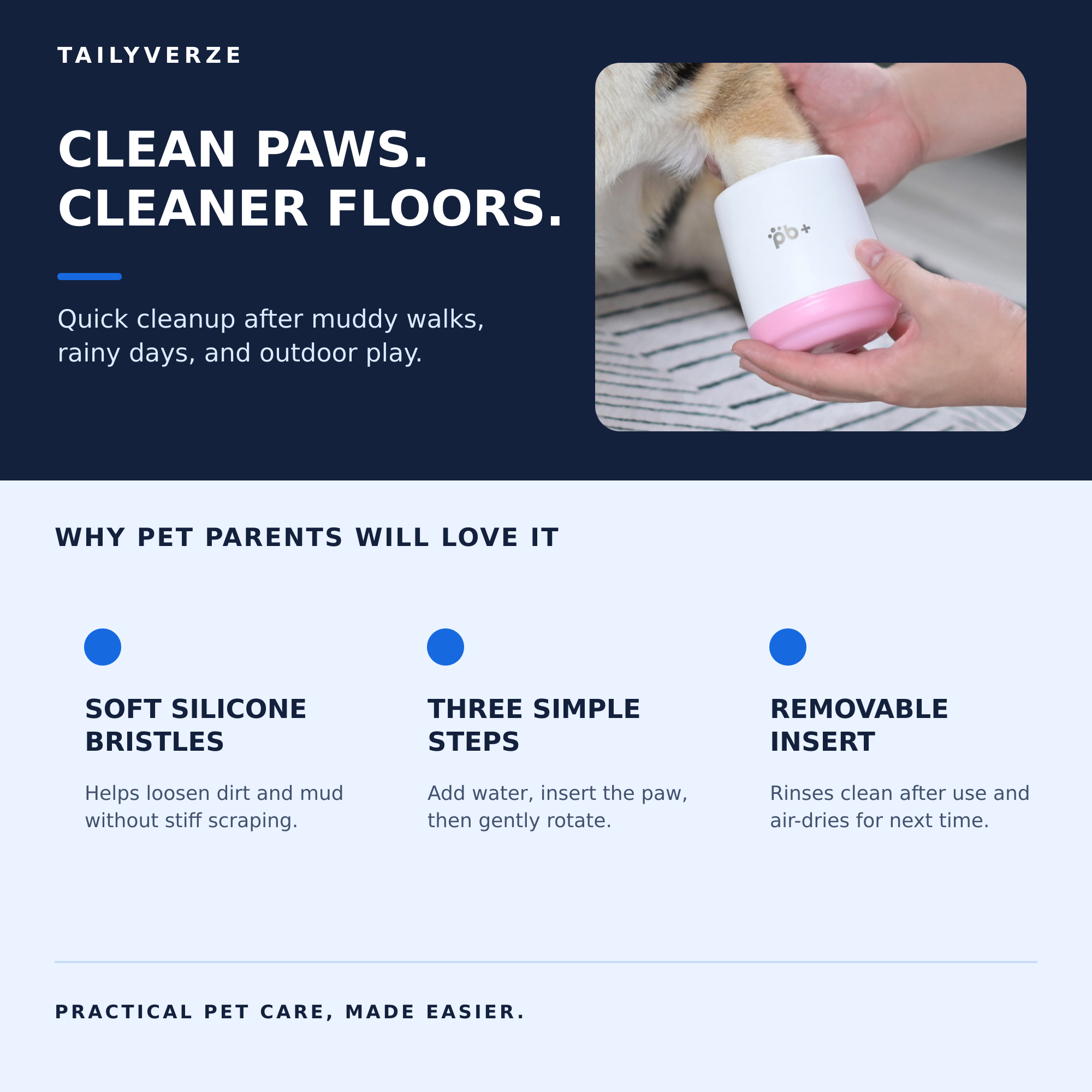 Dog paw being cleaned in the Tailyverze Paw Cleaner Cup with benefits including soft silicone bristles, simple use, and removable insert