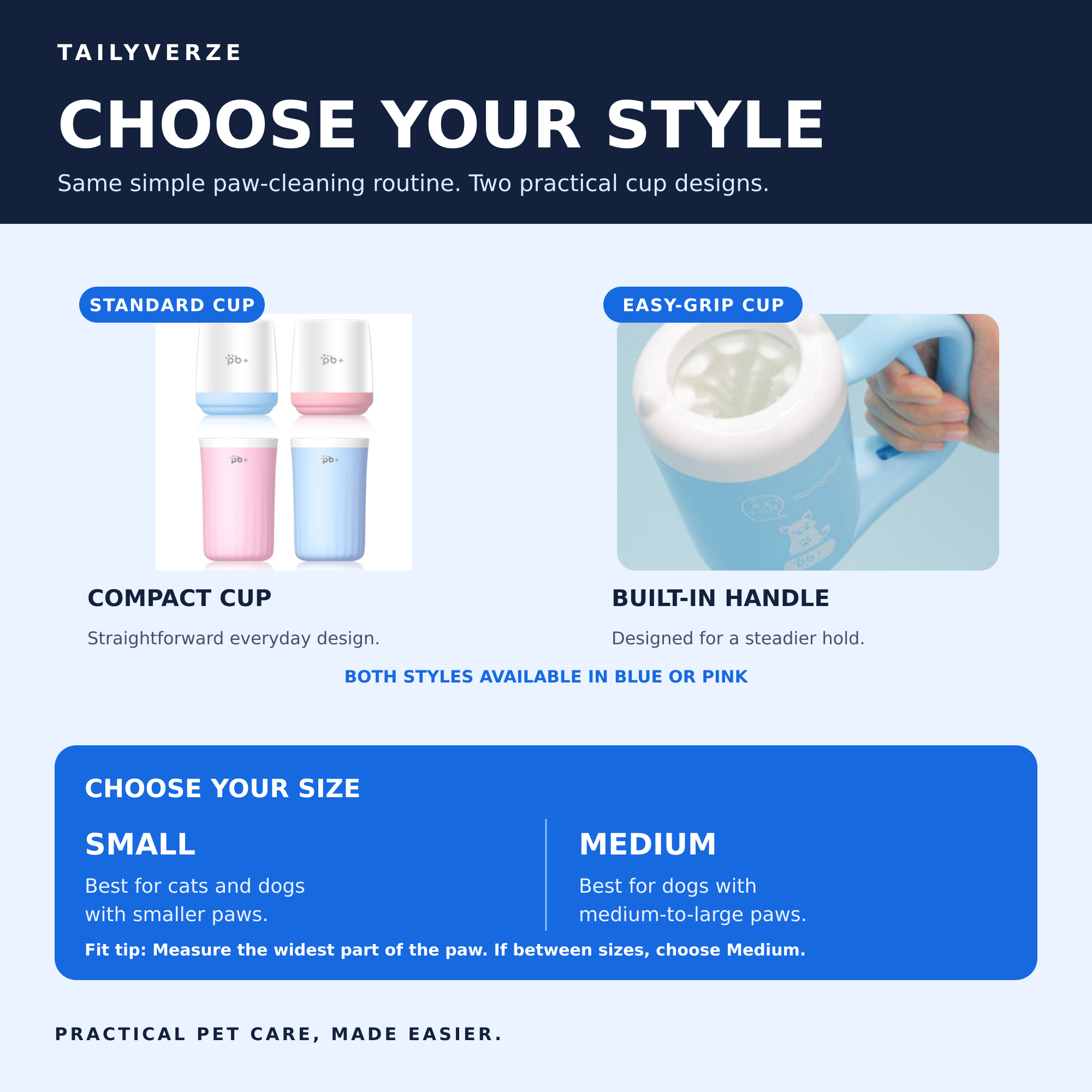 Tailyverze Paw Cleaner Cup comparison showing Standard and Easy-Grip styles plus Small and Medium size guidance