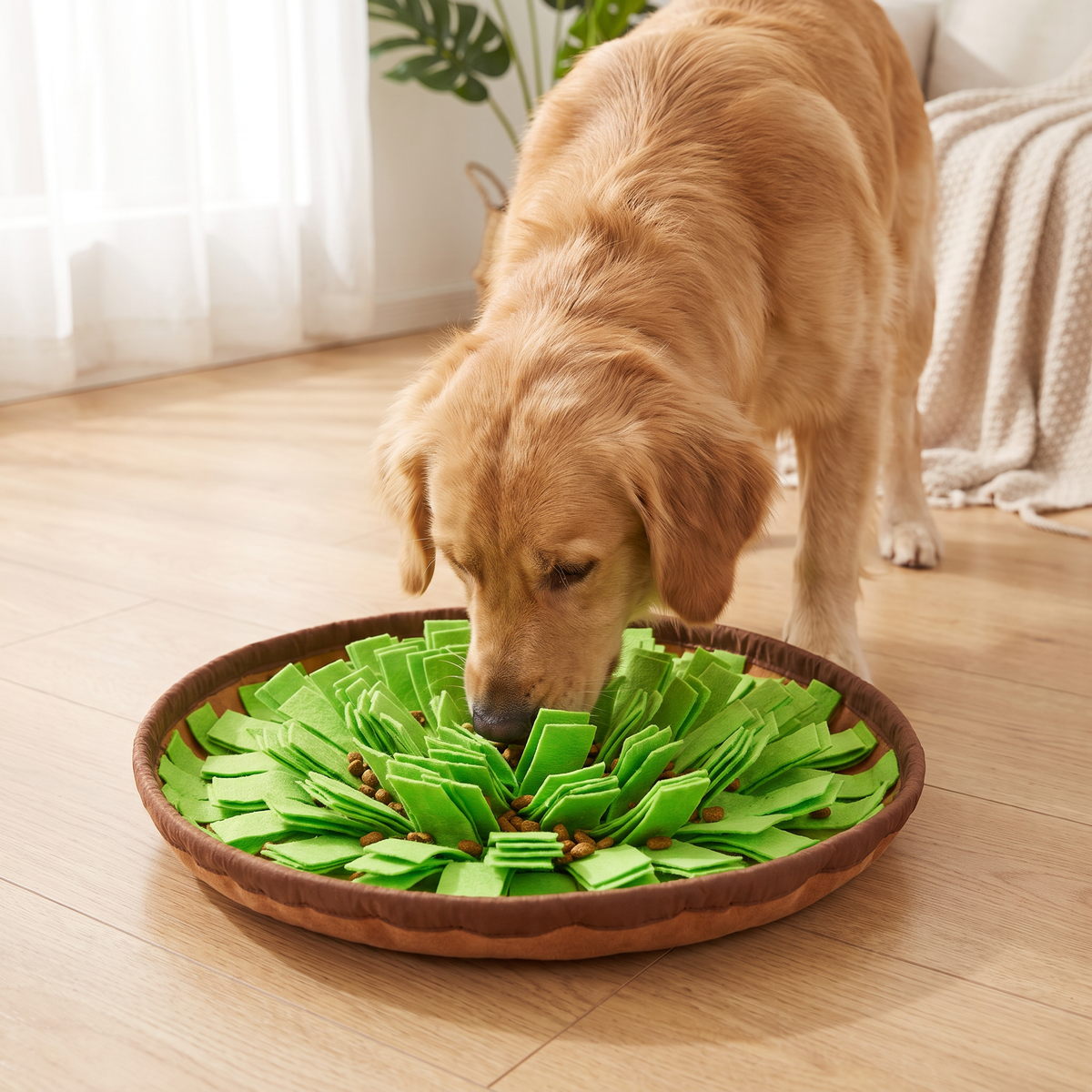 Dog using Tailyverze snuffle mat and slow feeder bowl